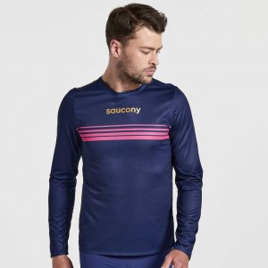 Navy Saucony Elite Long Sleeve Men's T-Shirt | ISRAEL AYJQTK
